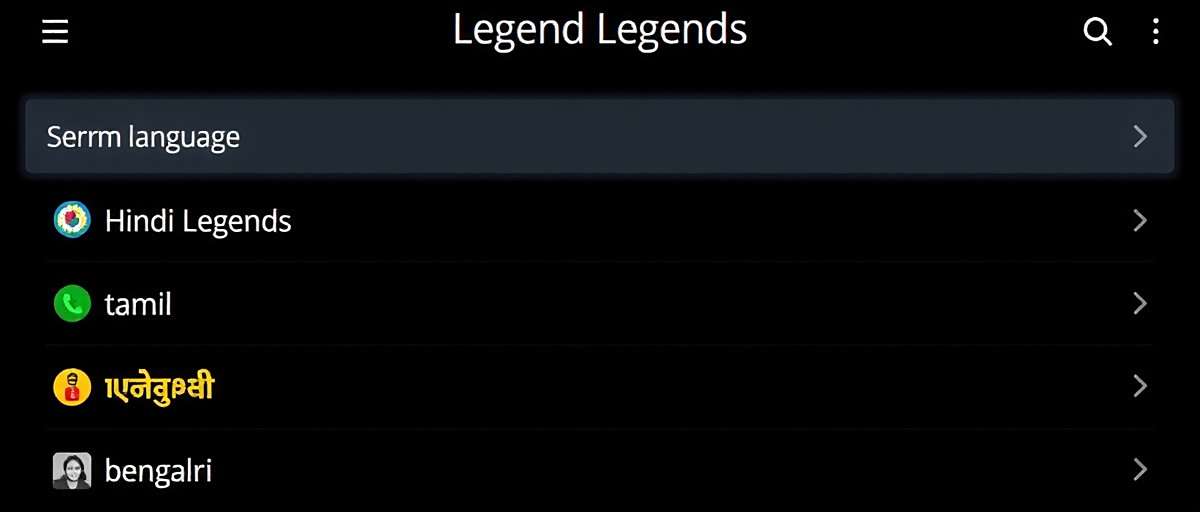 Legend Legends Language Support Legend Legends interface showing multiple Indian language options including Hindi, Tamil, and Bengali